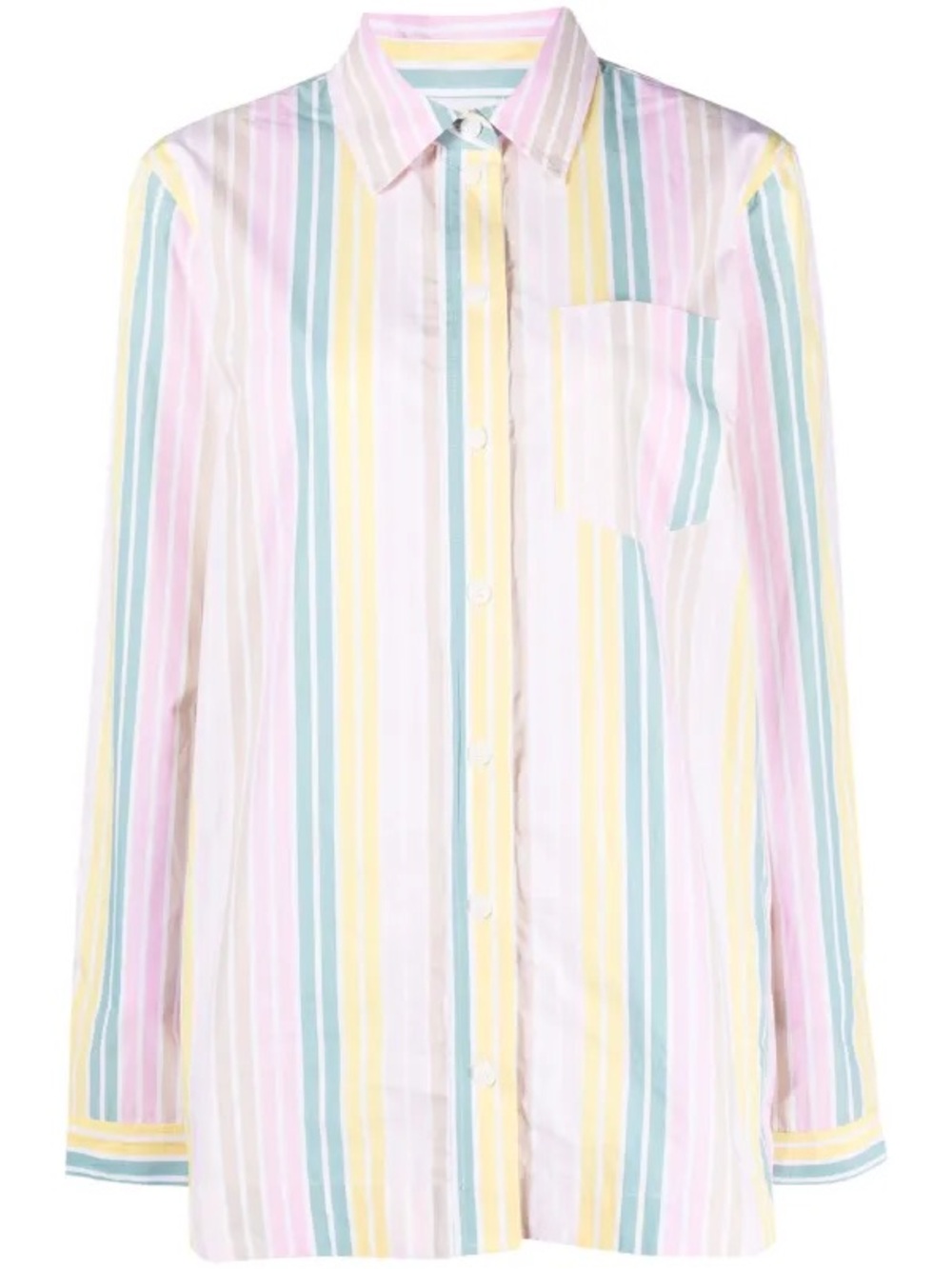 Ganni Pastel Stripe Button-Down Shirt in Pink, Yellow, Mint, White